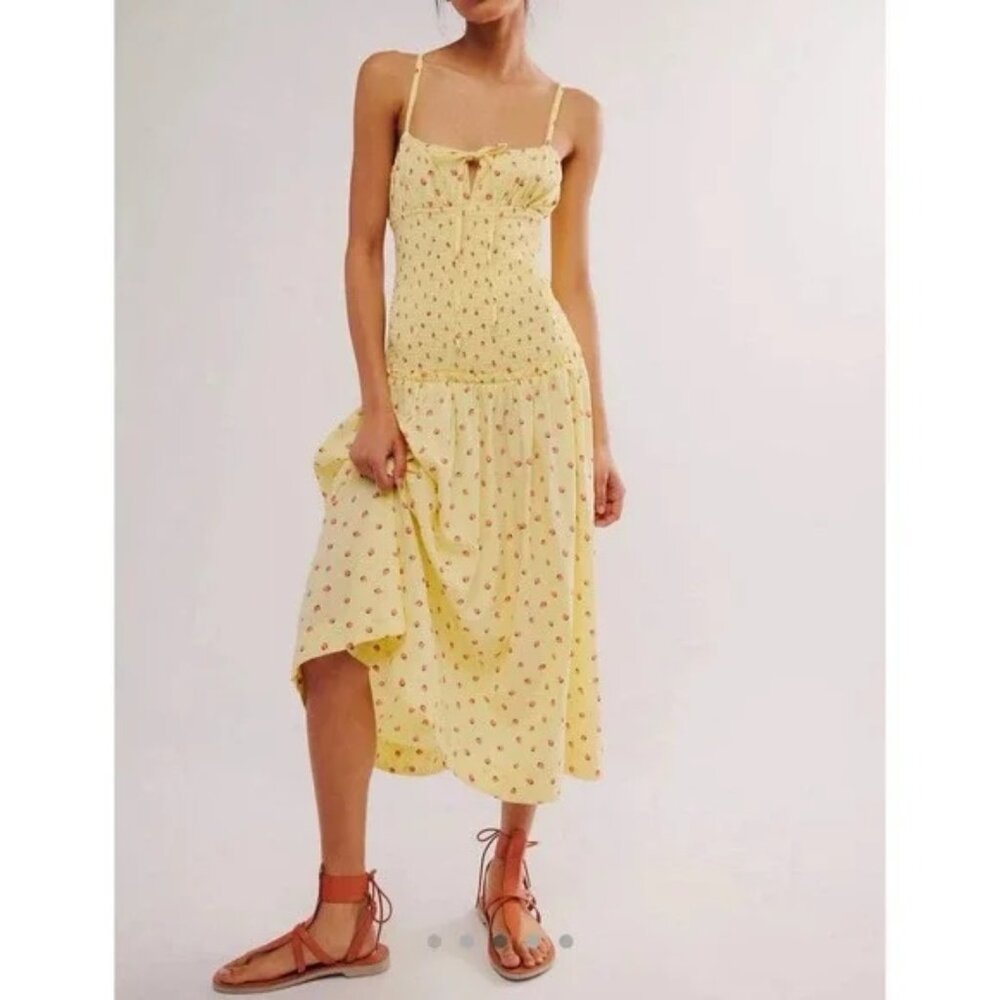 NEW FREE PEOPLE STRAWBERRY LEMON COMBO LAVENDER DAZE SMOCKED MIDI DRESS Sz Small